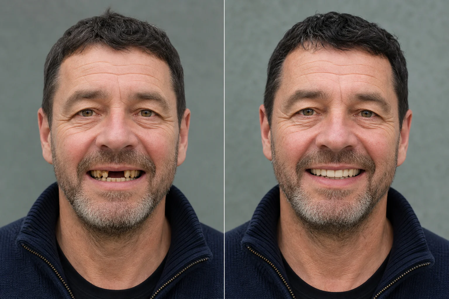 Full-mouth concept: AI-created illustrative before-and-after dental visual