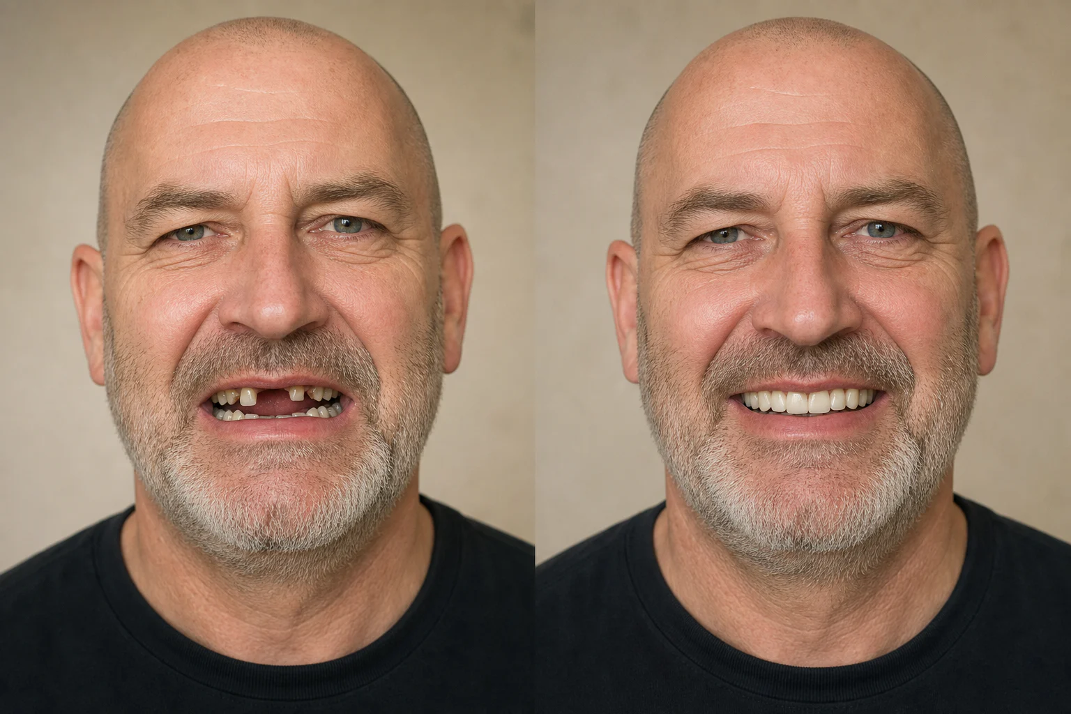 Partial denture concept: AI-created illustrative before-and-after dental visual
