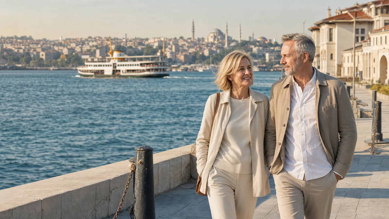 A mature couple walking by the Bosphorus in Istanbul